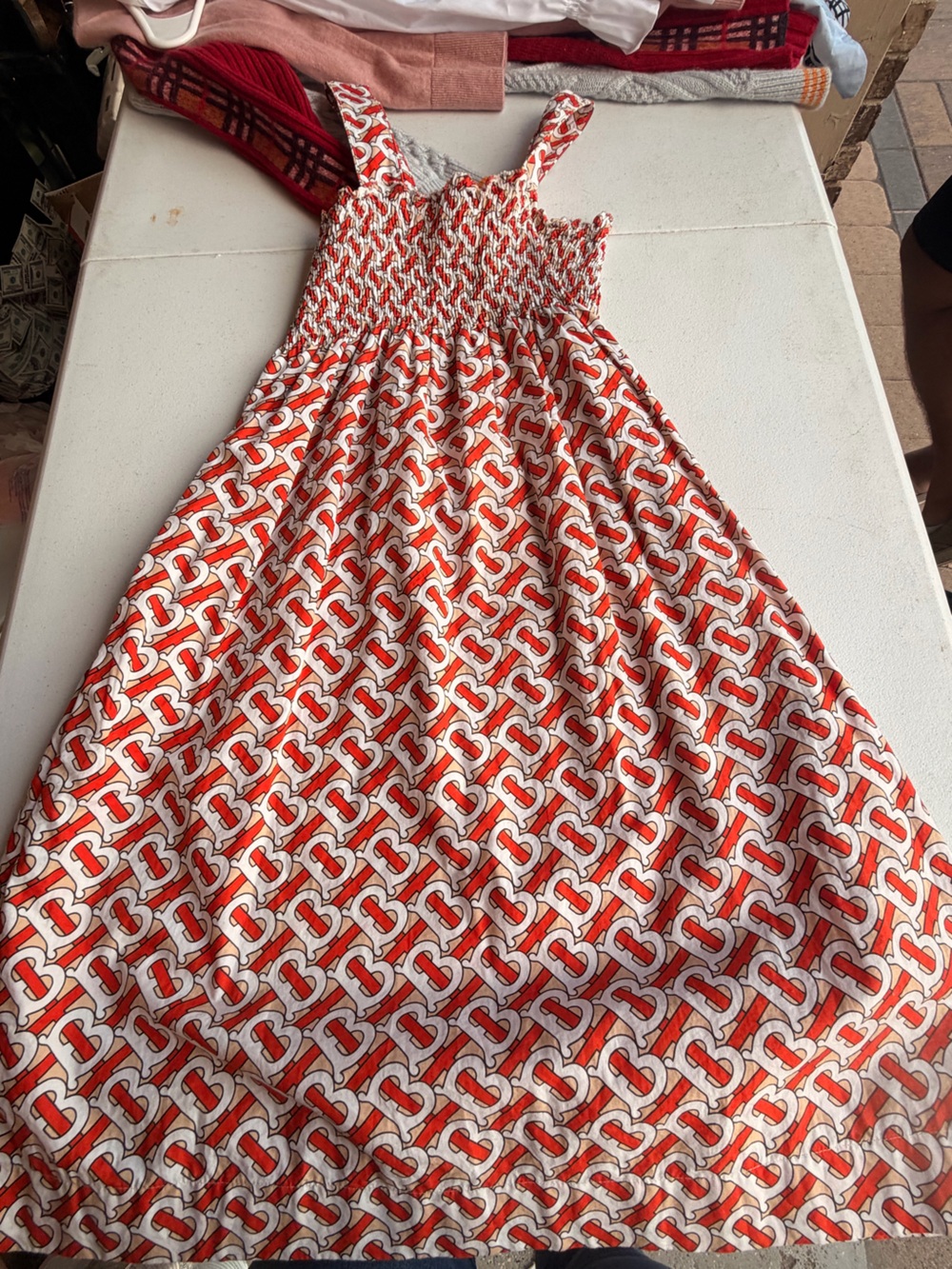 Burberry Red and White Logo-Print Smocked Sundress for Girls